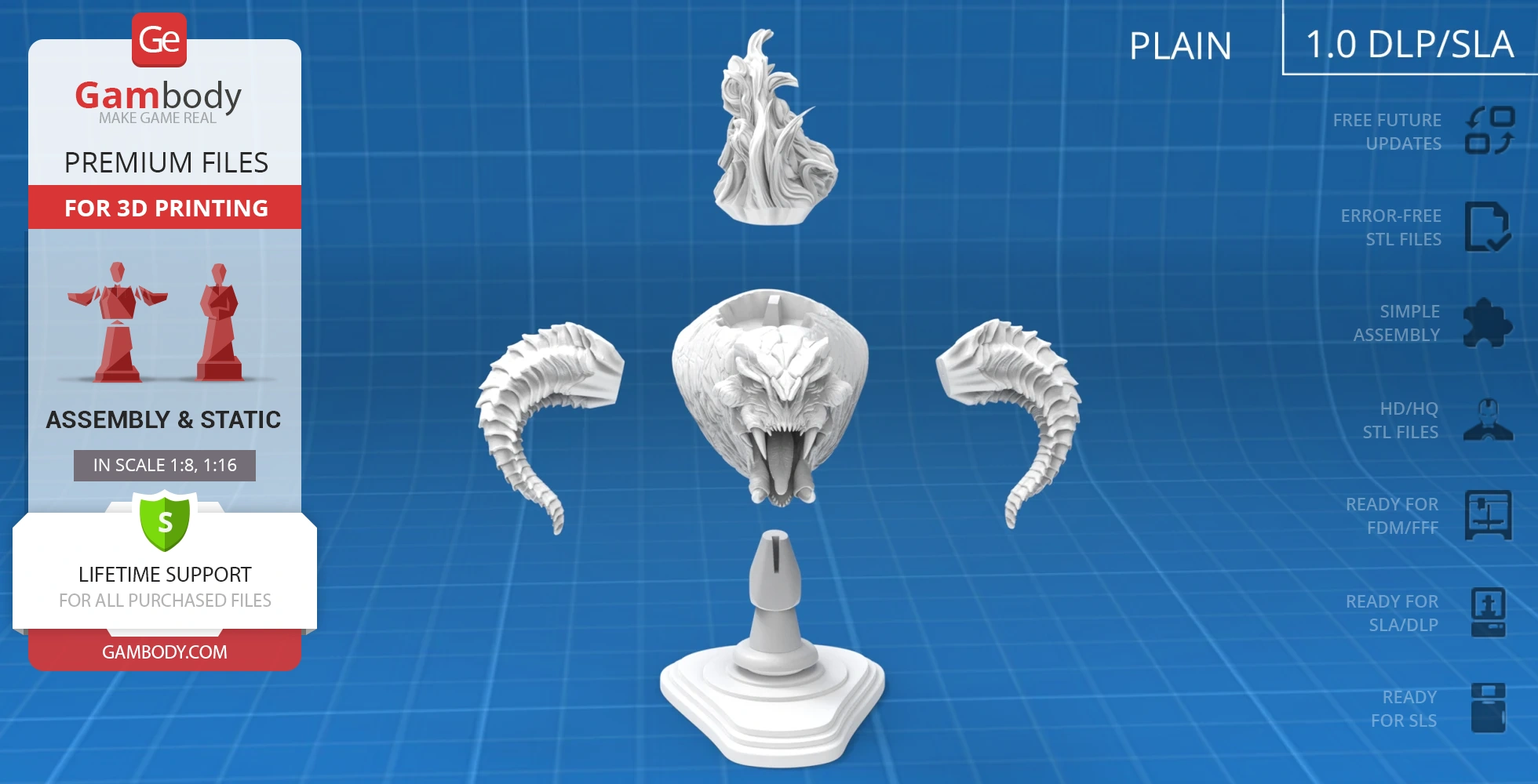 Balrog bust 3D model parts for assembly, featuring head, horns, and base on a blueprint background.