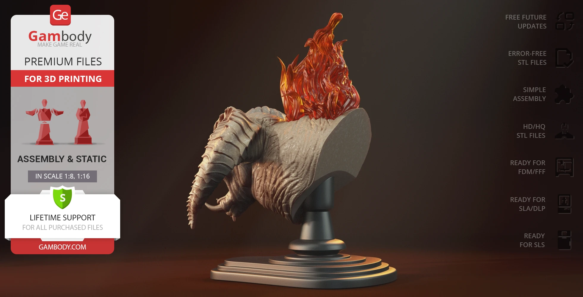 A 3D bust of a horned creature with flames, displayed on a pedestal for printing.