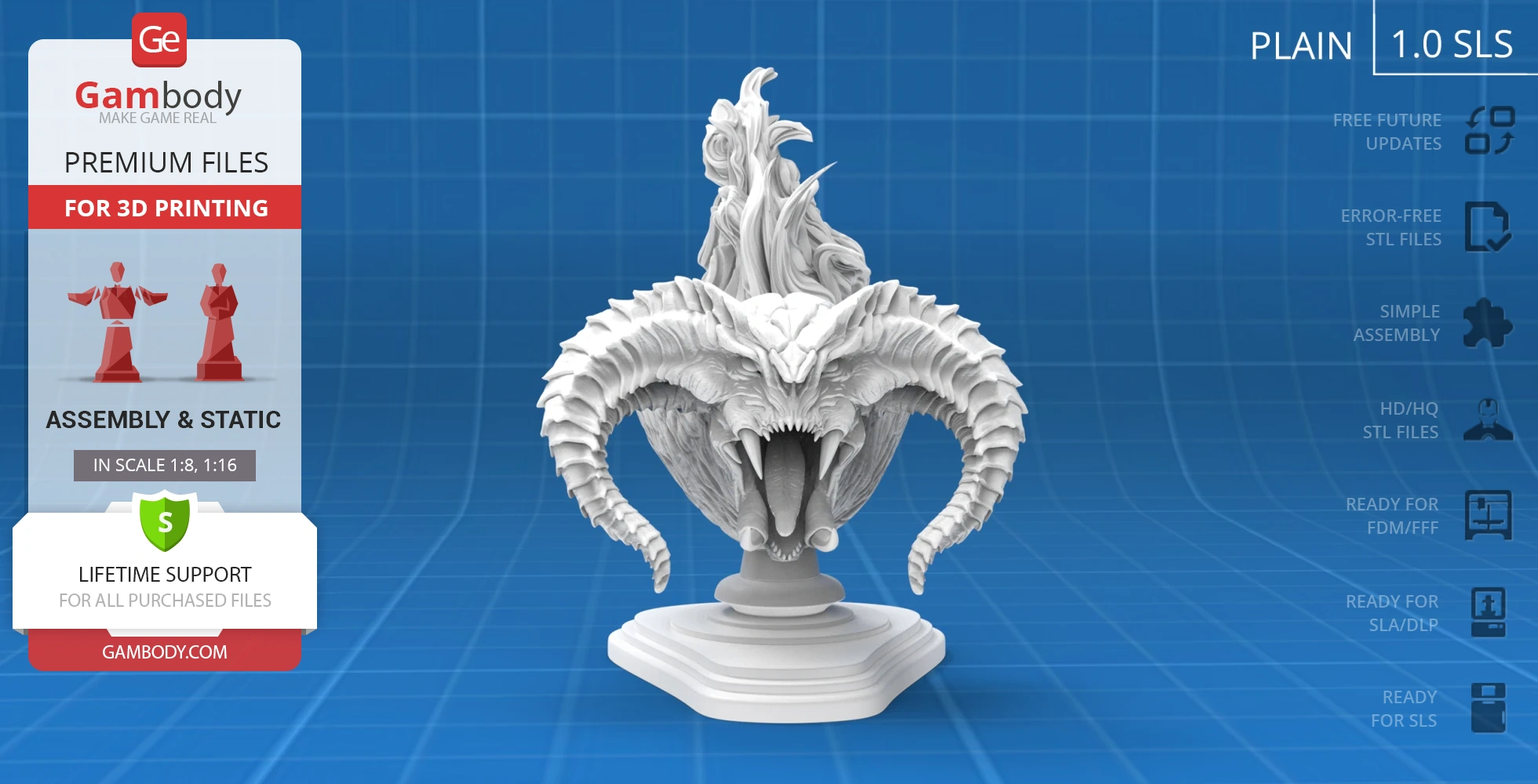 A detailed 3D printable bust of a fierce creature with large horns and an open mouth, ready for assembly.