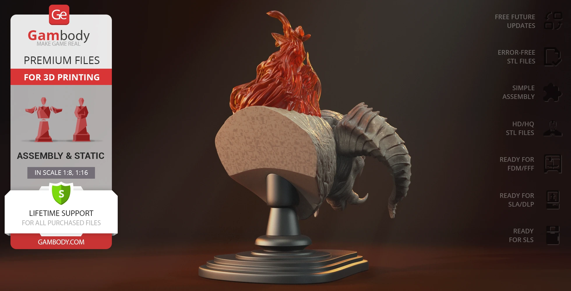 A 3D printable bust of a creature with fiery details and horns on a display stand.