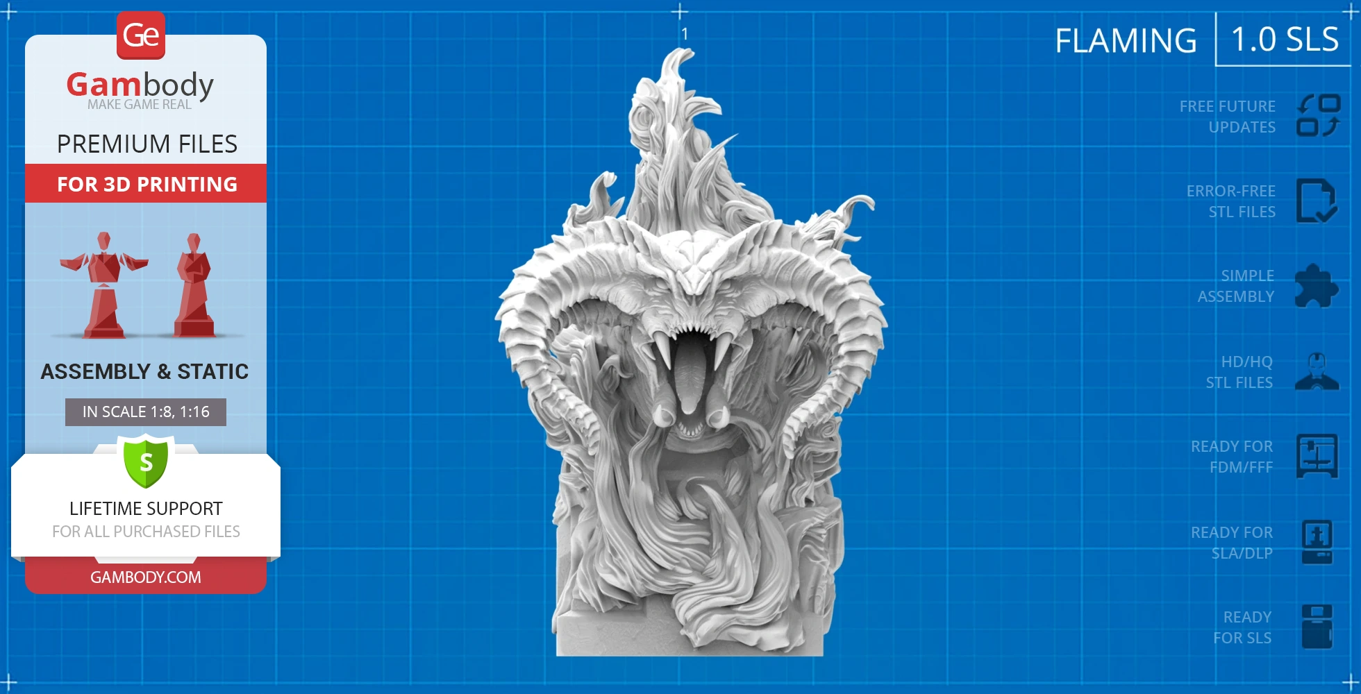 Intricately detailed Balrog bust with large horns and open mouth, designed for 3D printing.