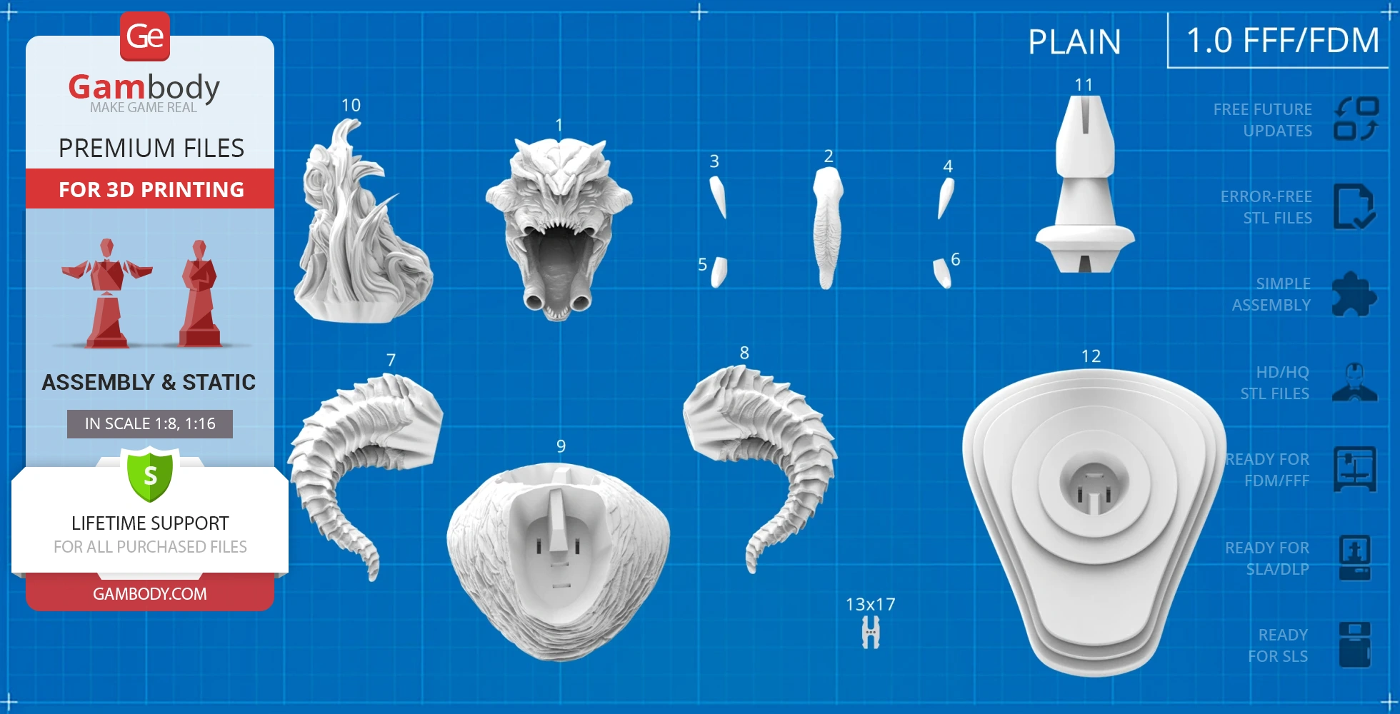3D printable Balrog bust parts layout, including head, horns, and base, displayed on a blueprint background.
