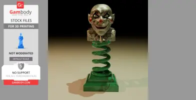 Creepy clown head on a green spring with a square base, resembling a jack-in-the-box toy.