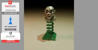A clown head on a green spring attached to a base, resembling a classic jack-in-the-box toy.