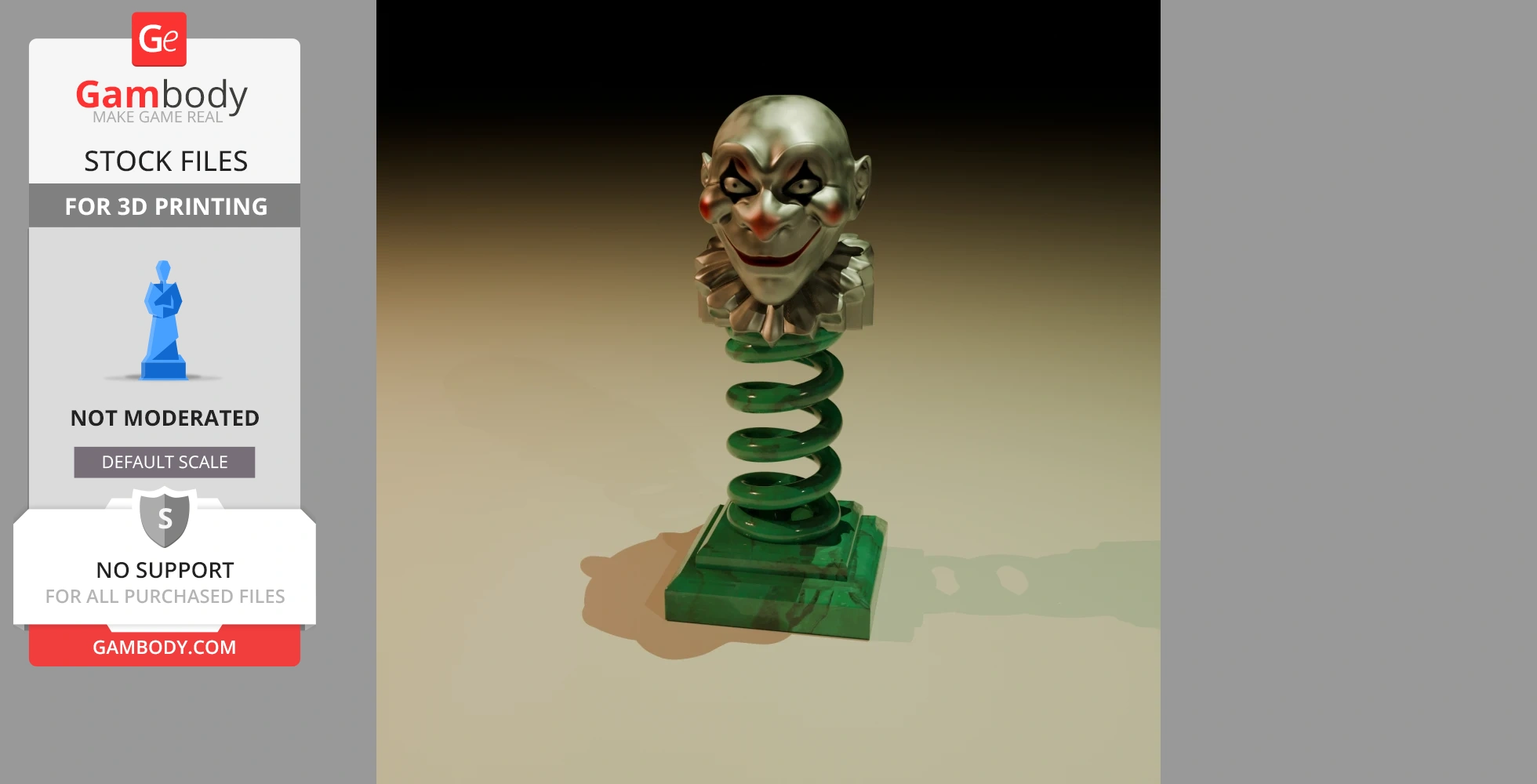 A clown head on a green spring attached to a base, resembling a classic jack-in-the-box toy.