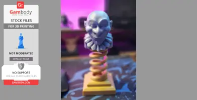 3D model of a grinning jester head on a spring, resembles a jack-in-the-box toy.