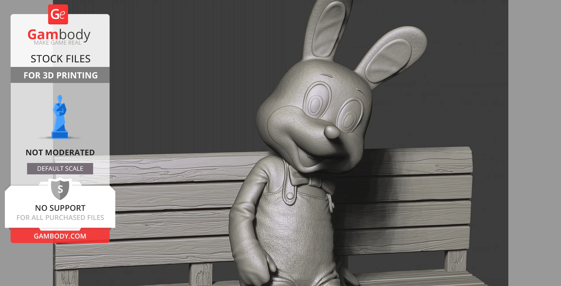 A 3D model of a cartoonish rabbit with a bow tie, sitting on a bench, designed for 3D printing.