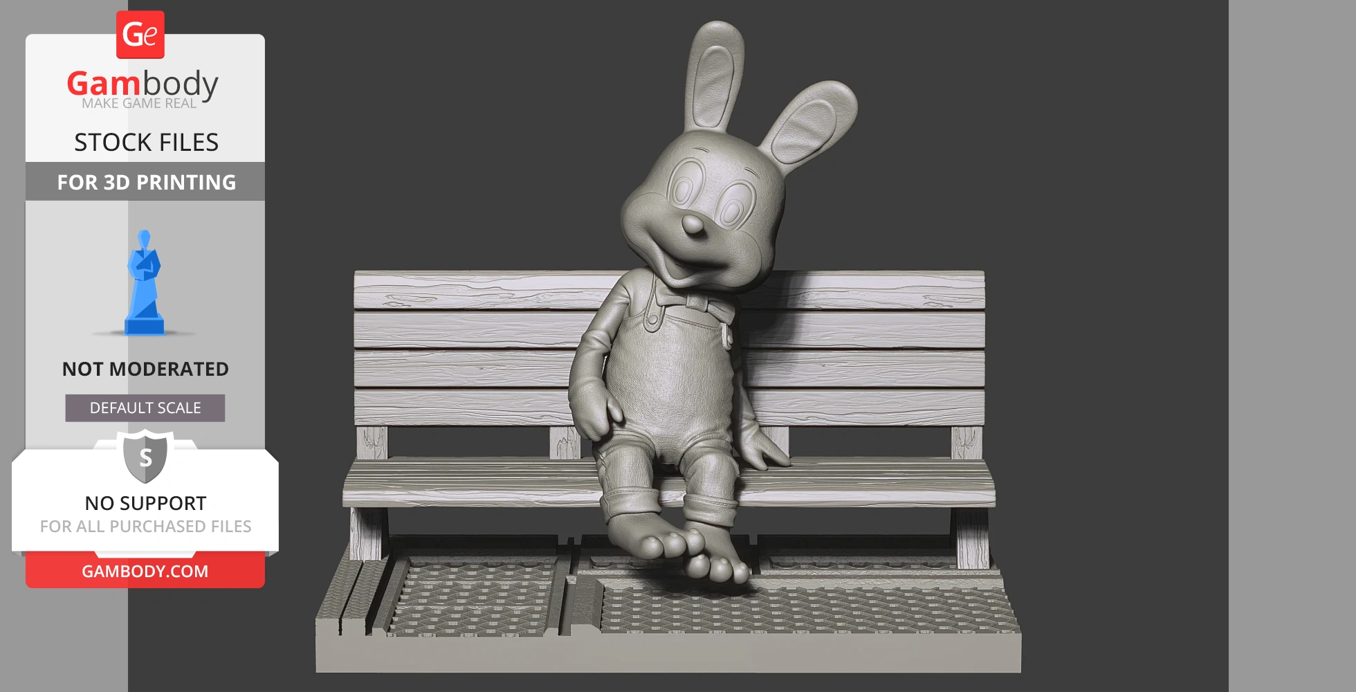 A 3D model of a rabbit character sitting on a wooden bench, ready for 3D printing.