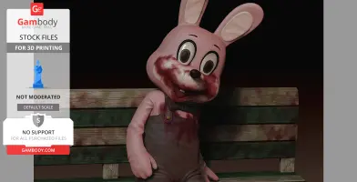 A cartoonish pink rabbit with a distressed look, seated on a wooden bench, stained with dark marks.