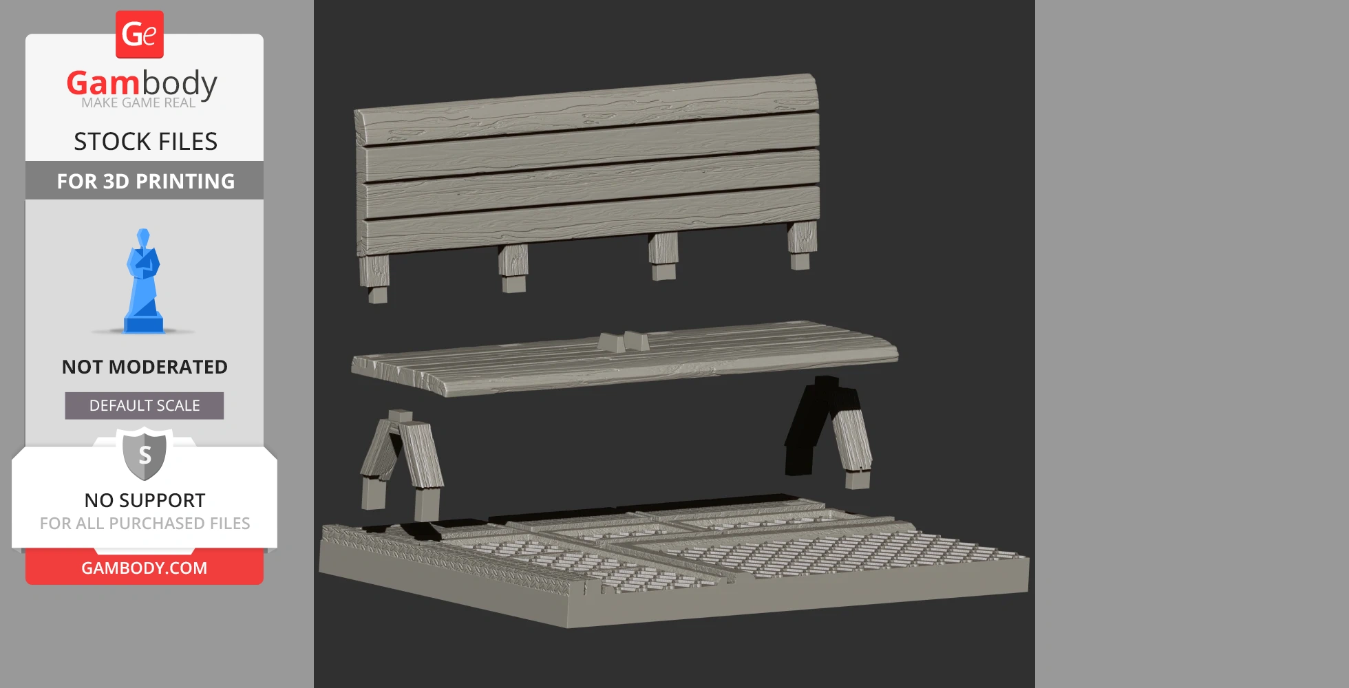 Exploded view of a 3D model featuring a bench with separate parts for printing.