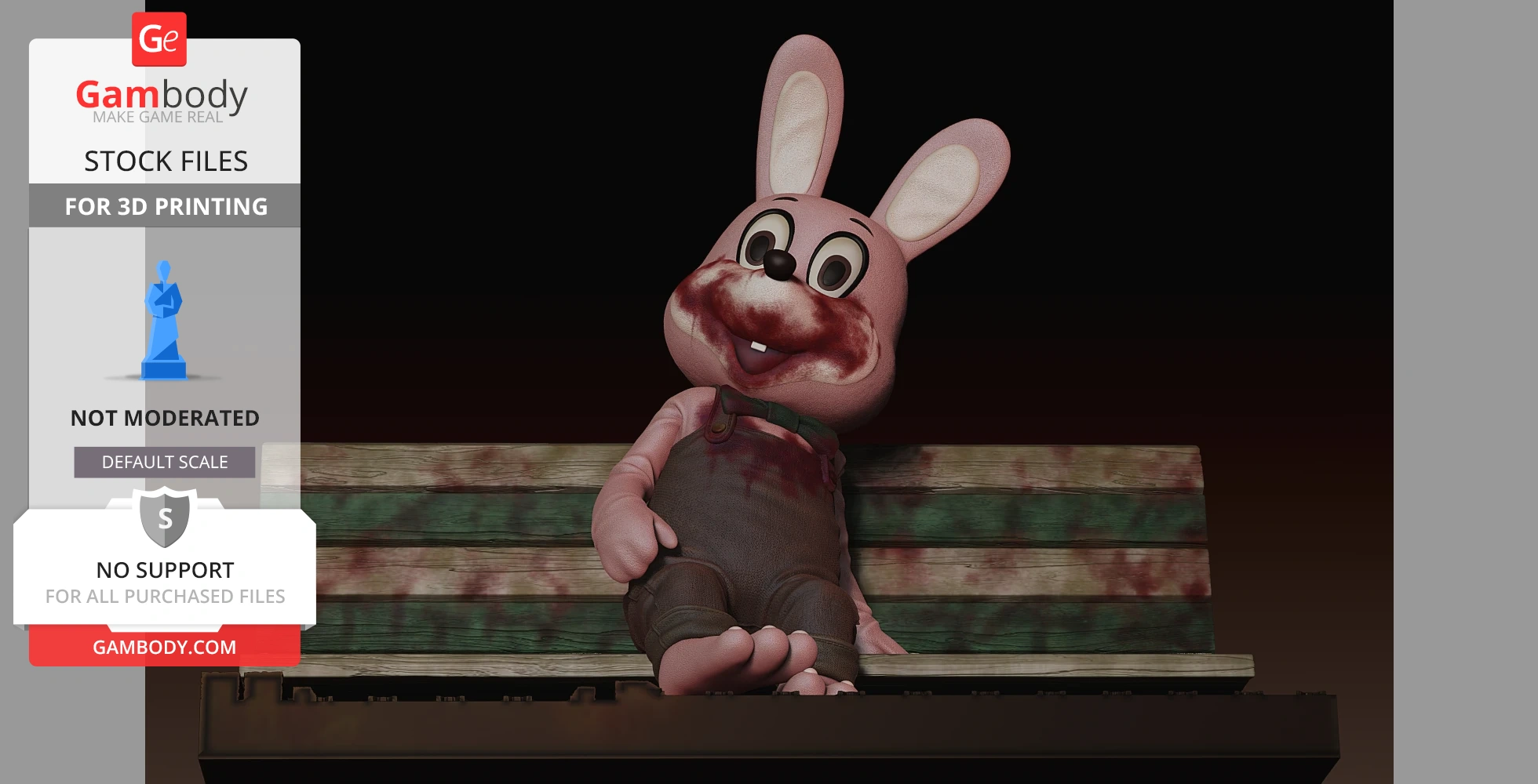 A pink cartoon rabbit with stained overalls sits on a wooden bench, designed for 3D printing.