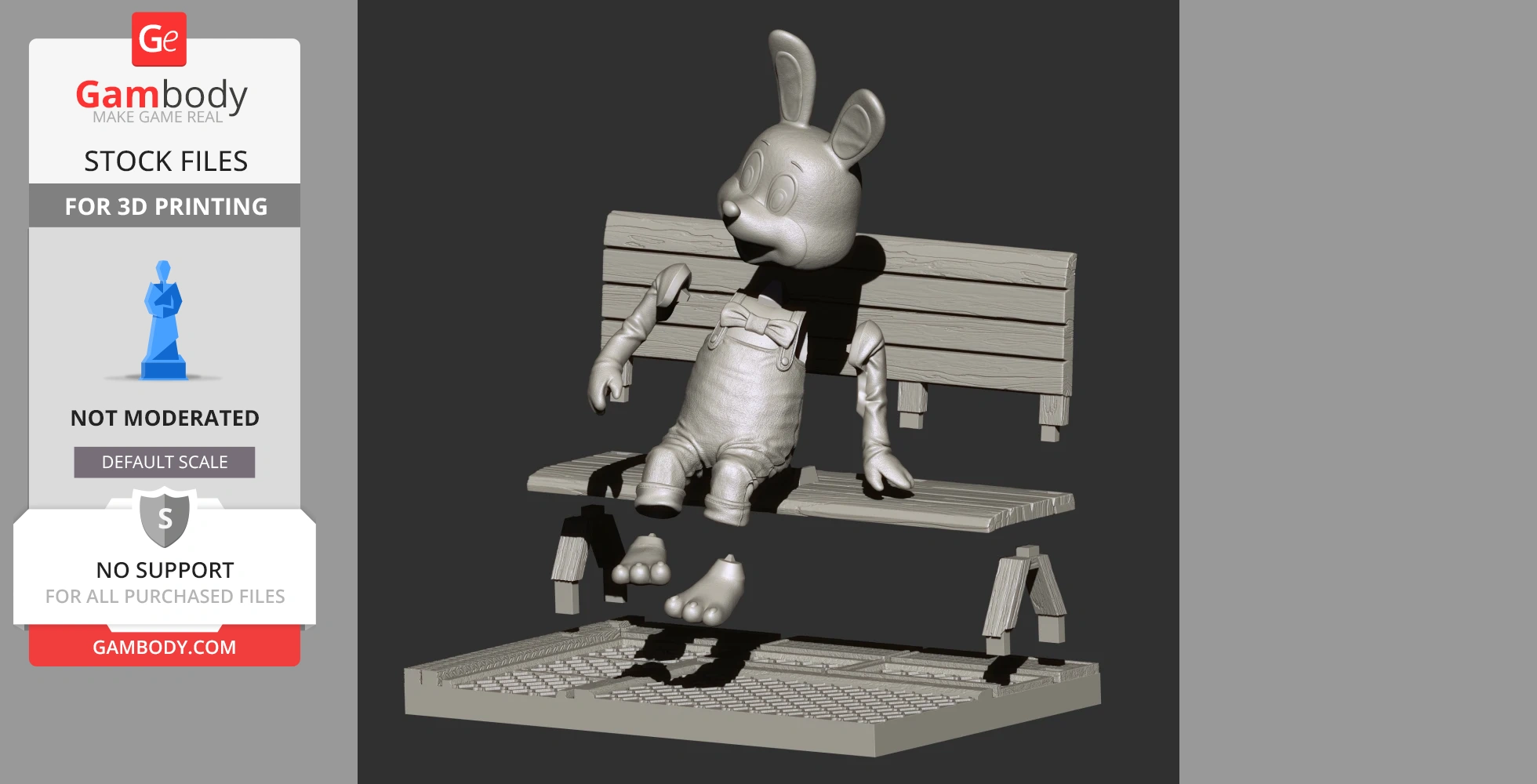 3D model of a cartoon rabbit sitting on a bench with articulated limbs, designed for 3D printing.