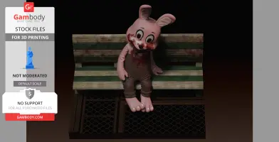 A 3D model of a pink rabbit character with stains, sitting on a worn wooden bench, intended for 3D printing.