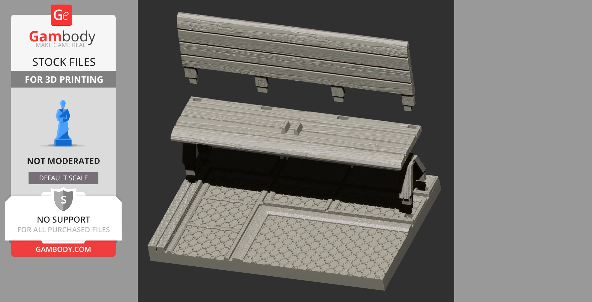 3D model of a detailed wooden bench with a textured seat and backrest, designed for printing.