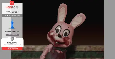 Pink rabbit character with large eyes, bloodstained mouth, wearing overalls, and sitting on a wooden bench.