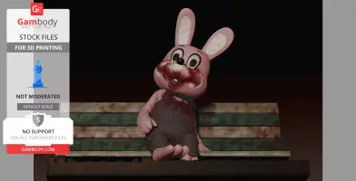 A pink cartoon rabbit with stained overalls sits on a wooden bench, designed for 3D printing.