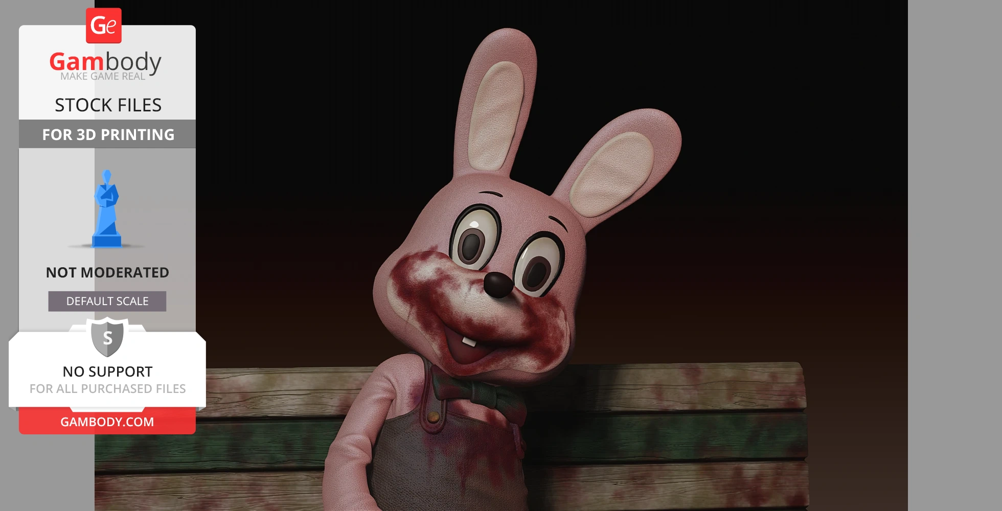 Pink rabbit character with wide eyes and red-stained mouth, sitting on a wooden bench.