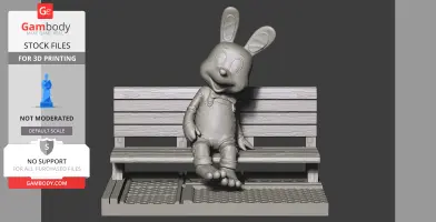 A 3D model of a rabbit character sitting on a wooden bench, ready for 3D printing.