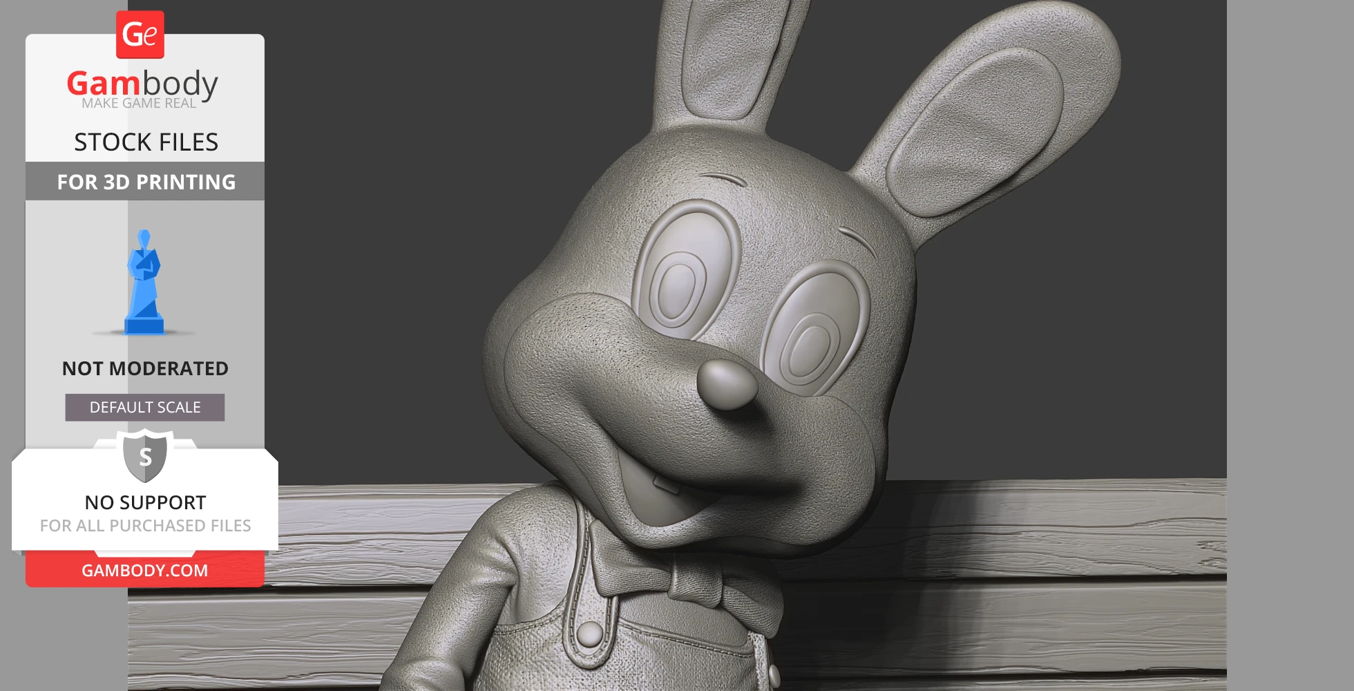 A detailed 3D model of a cartoonish rabbit character, wearing a bow tie and overalls, ready for printing.
