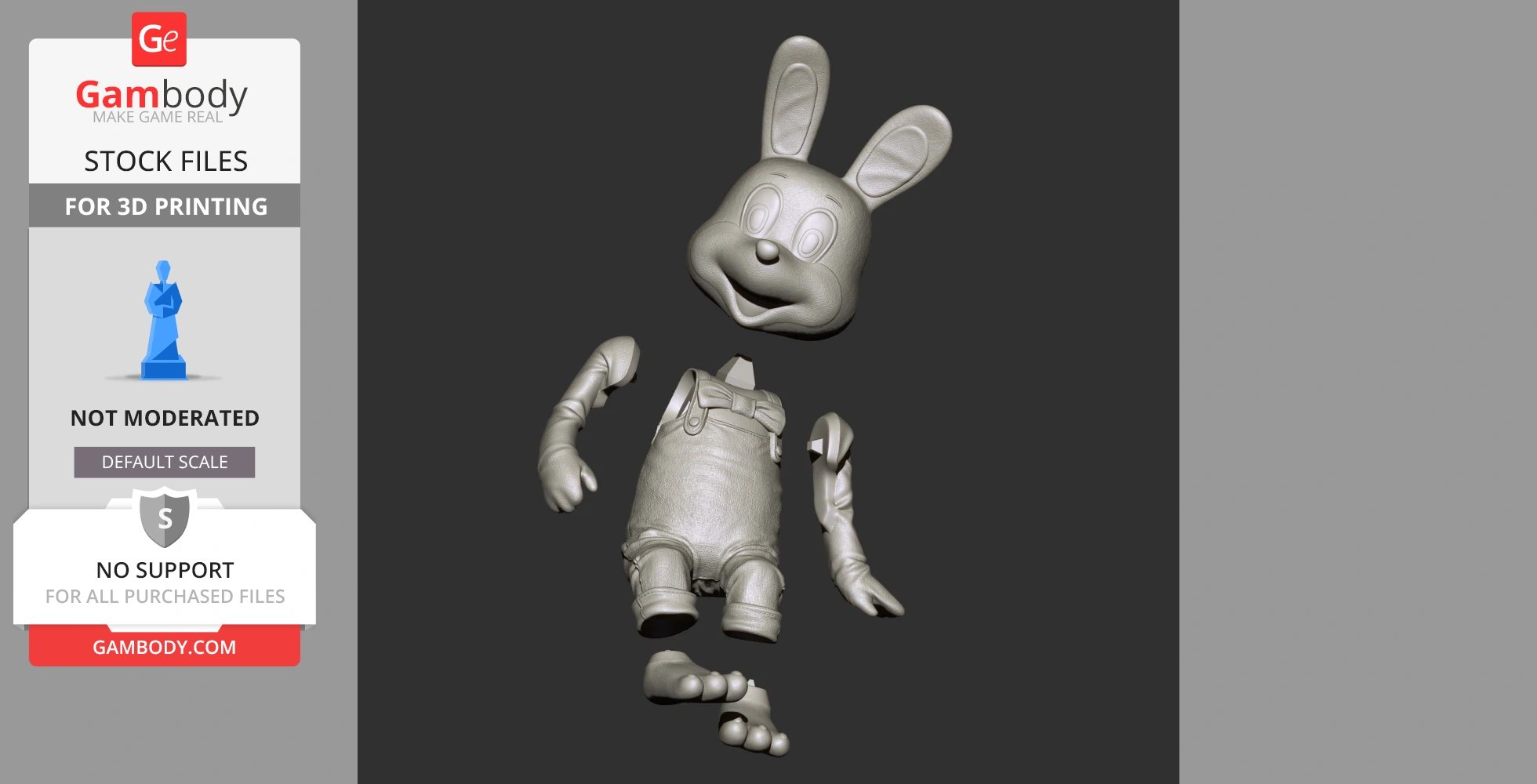 Cute bunny 3D model with detached limbs for printing, wearing overalls and smiling.