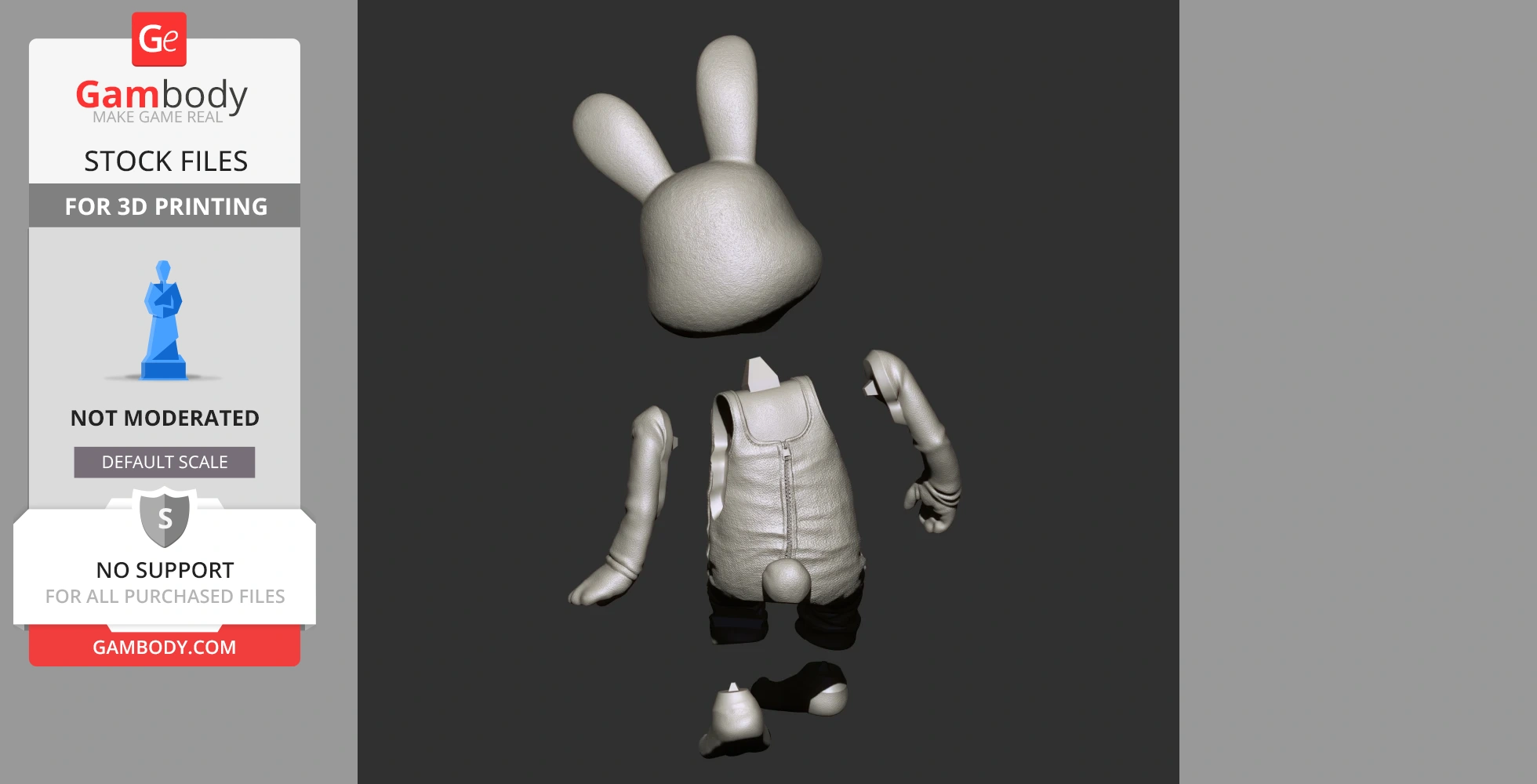 Disassembled 3D model of a rabbit character with ears, body, arms, and legs for 3D printing.