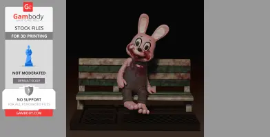 A pink rabbit figurine with bloodstains sits on a wooden bench.