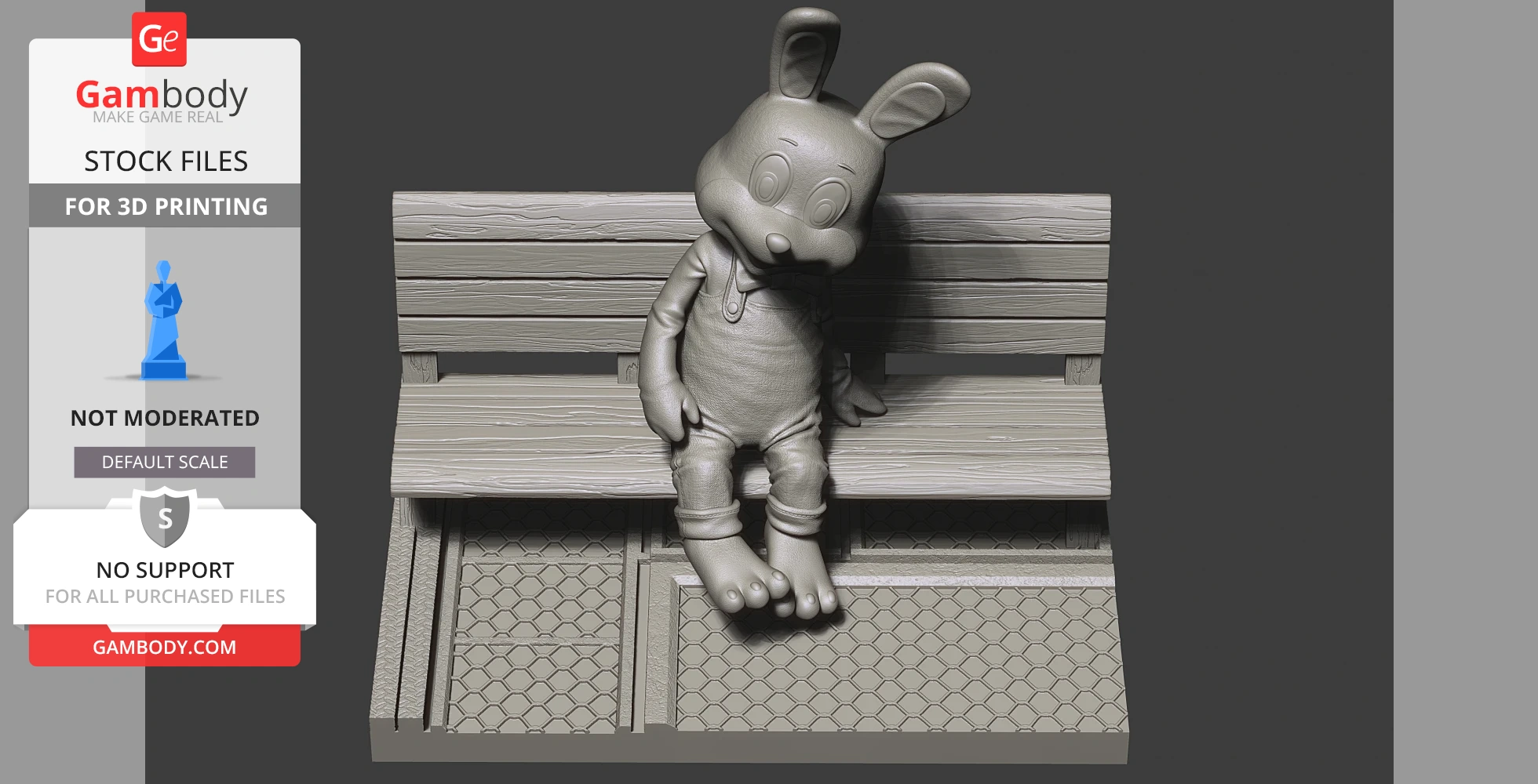 A 3D printing figurine of a rabbit character sitting on a bench, featuring a cartoonish style.