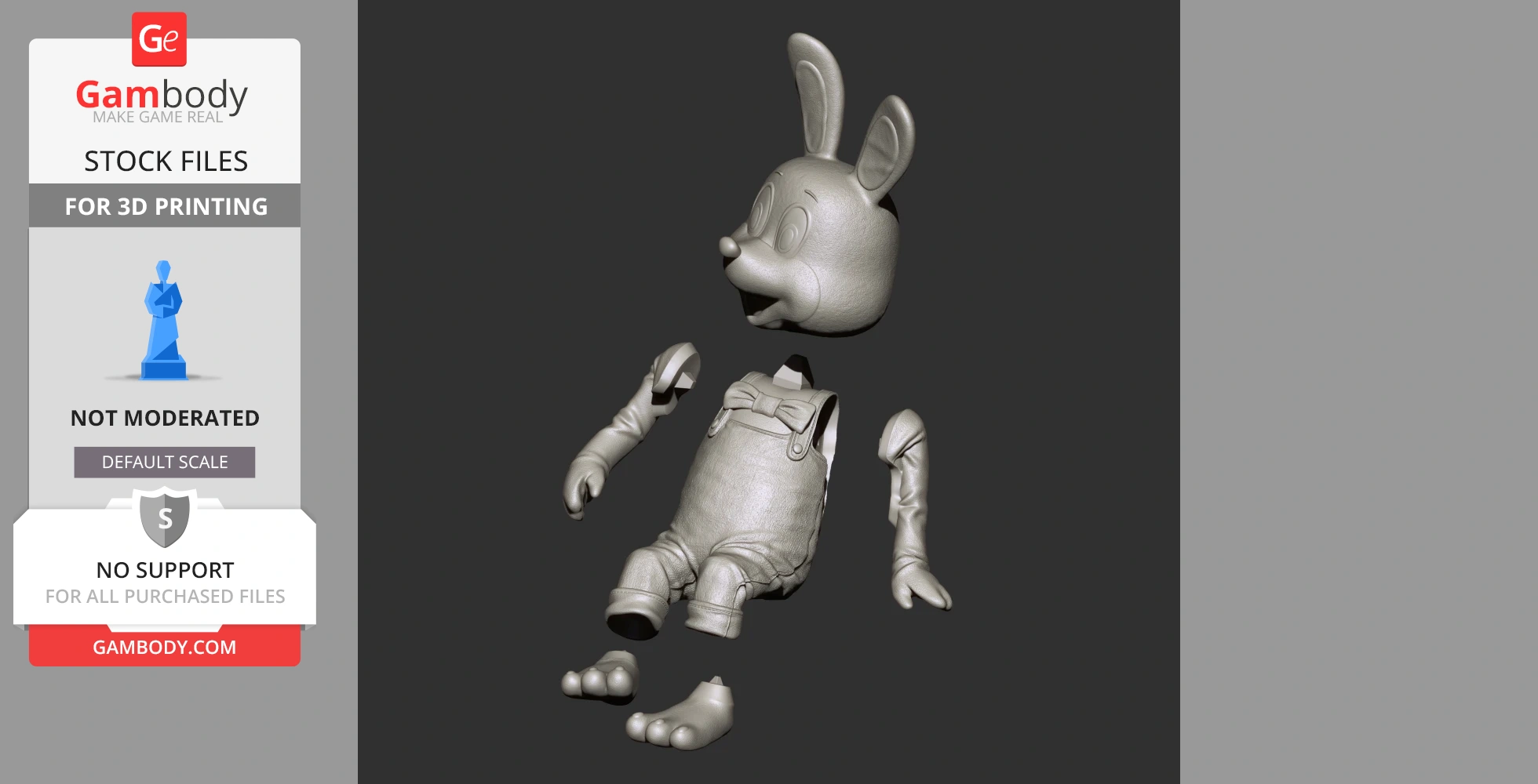3D model of a cartoon rabbit figurine in parts, ready for 3D printing, includes head, limbs, body.