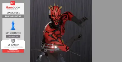 A dynamic 3D model of a red and black tattooed character with horns, posed for action.