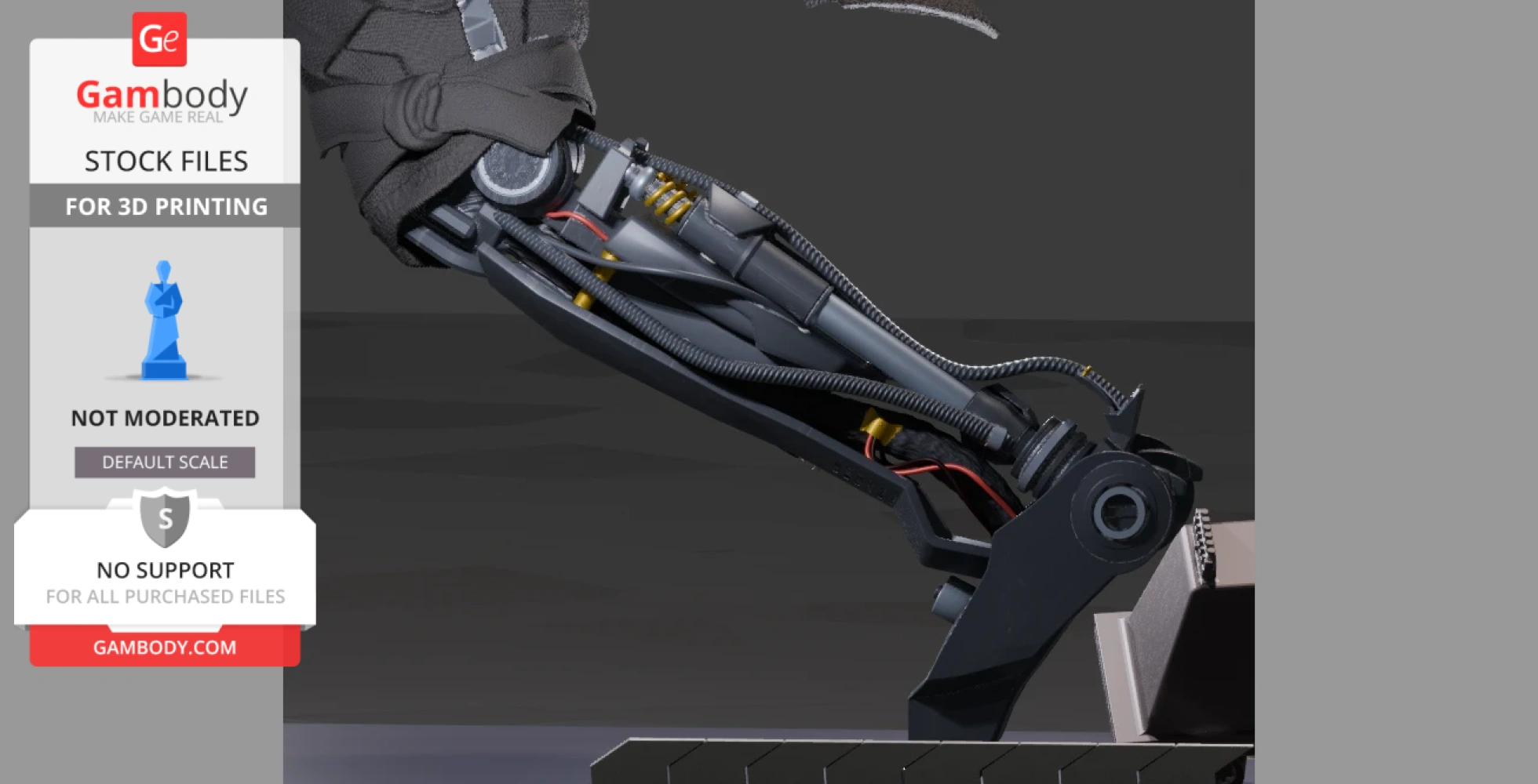 Detailed 3D model of a sci-fi robotic leg with wires and mechanisms for 3D printing.
