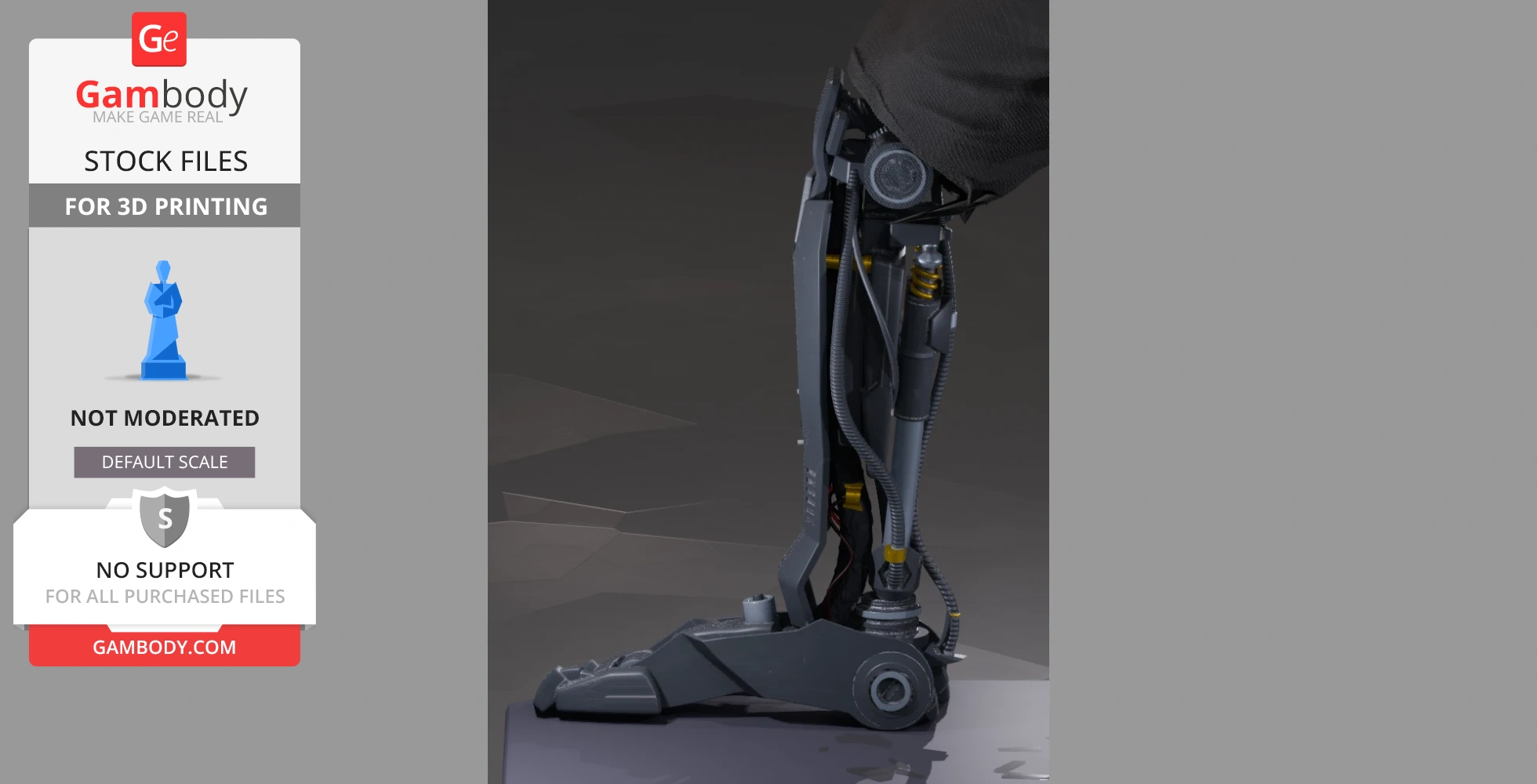 A detailed 3D model of a robotic leg, shown with mechanical joints and wiring, ready for 3D printing.