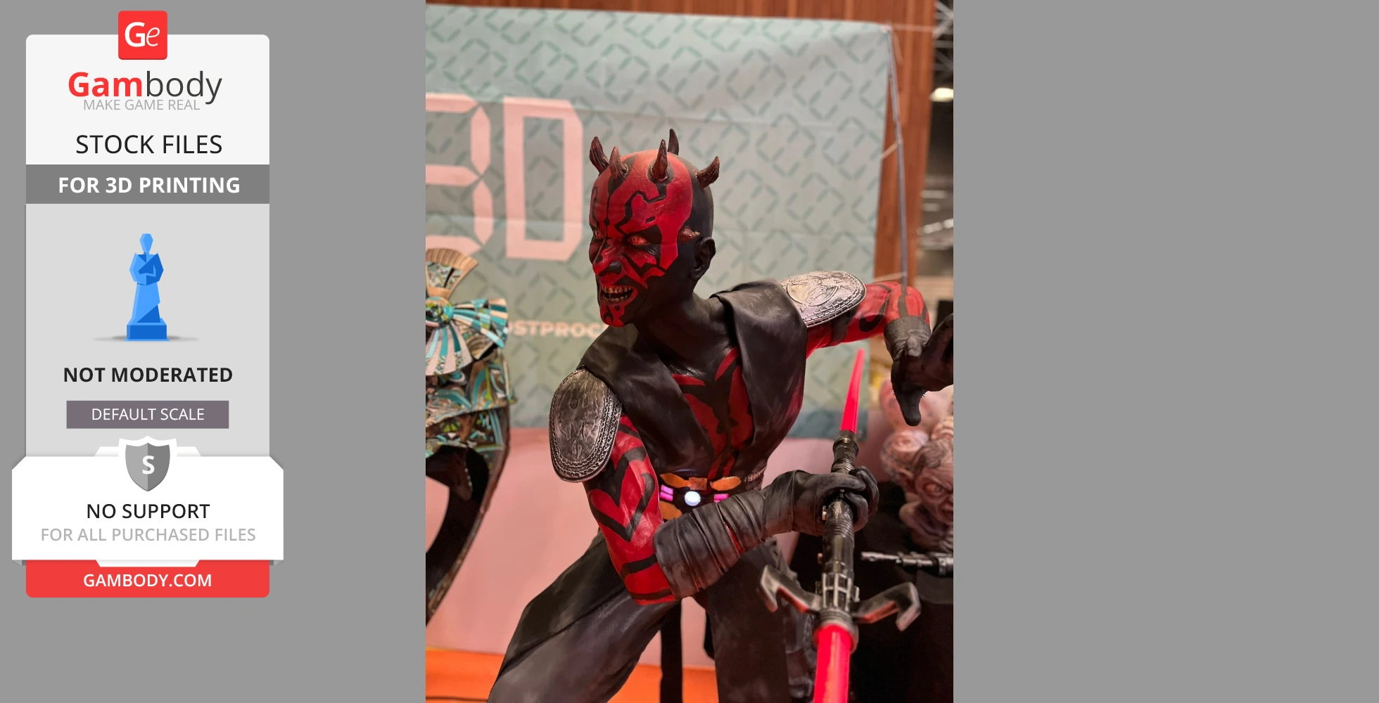 A detailed 3D model of a character with red and black markings, holding a red double-bladed lightsaber.