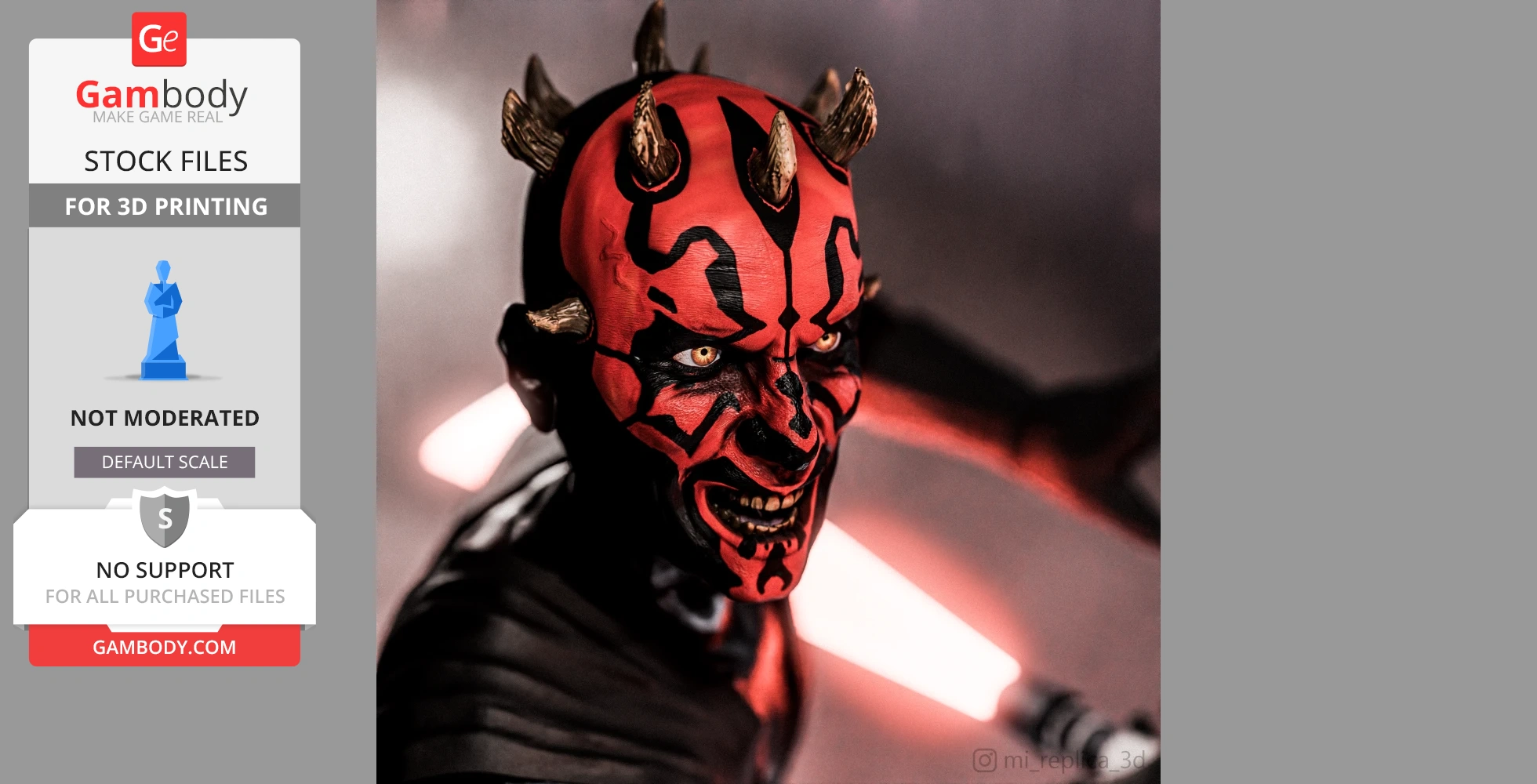 A 3D model of a character with red and black face markings, horns, and intense eyes holding a red lightsaber.