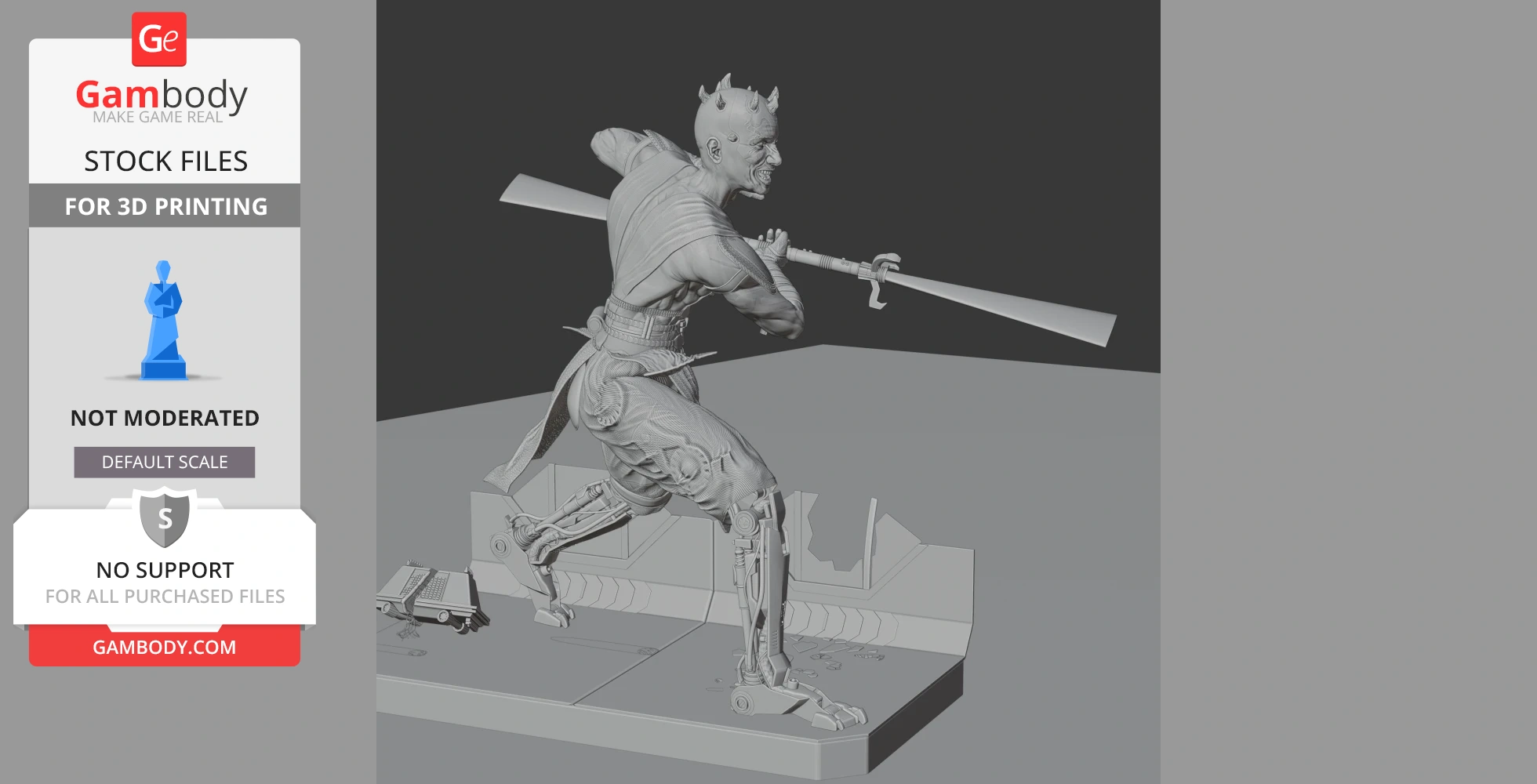 A detailed 3D model of a warrior with horns, wielding a double-bladed weapon, in a dynamic action pose.