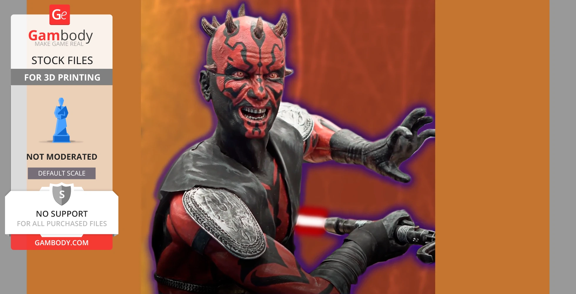 A 3D model of a menacing character with red and black face paint, holding a double-bladed weapon.