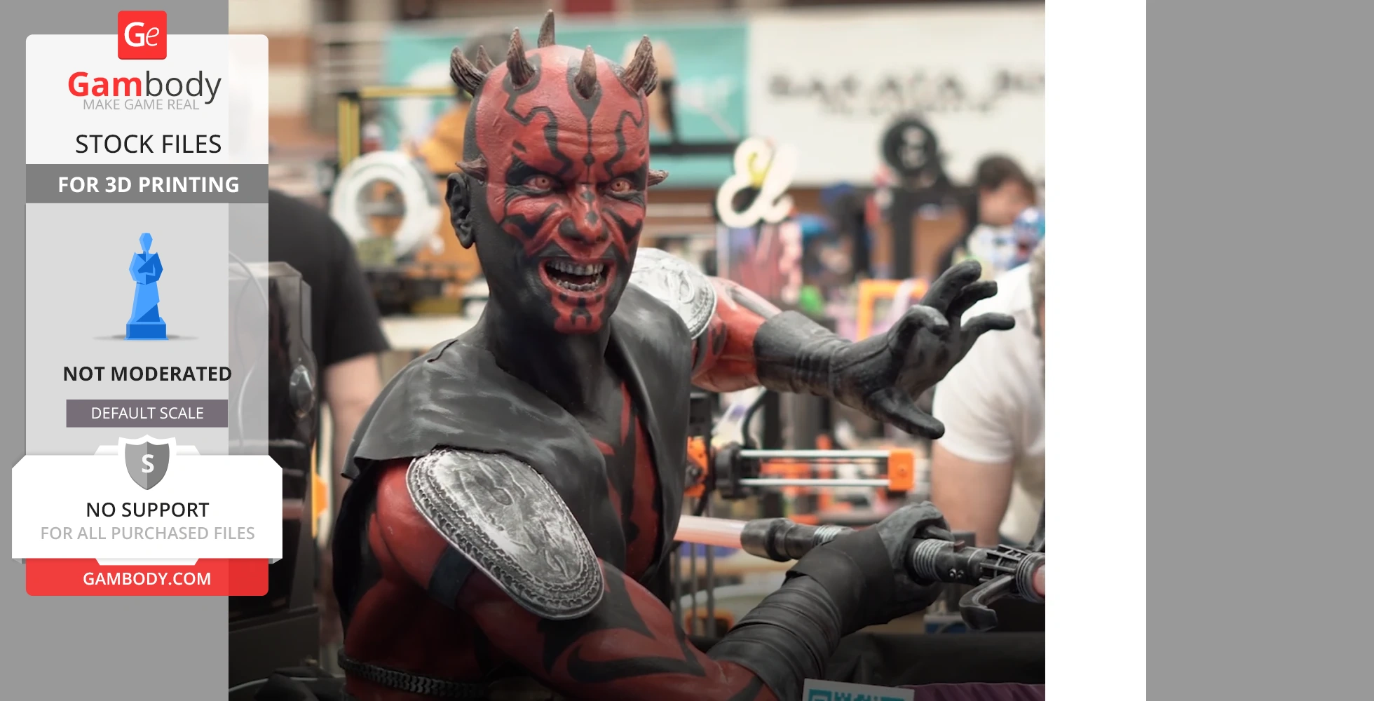 A detailed 3D model of a character with red and black facial markings and horns, wearing dark armor, posed dynamically.