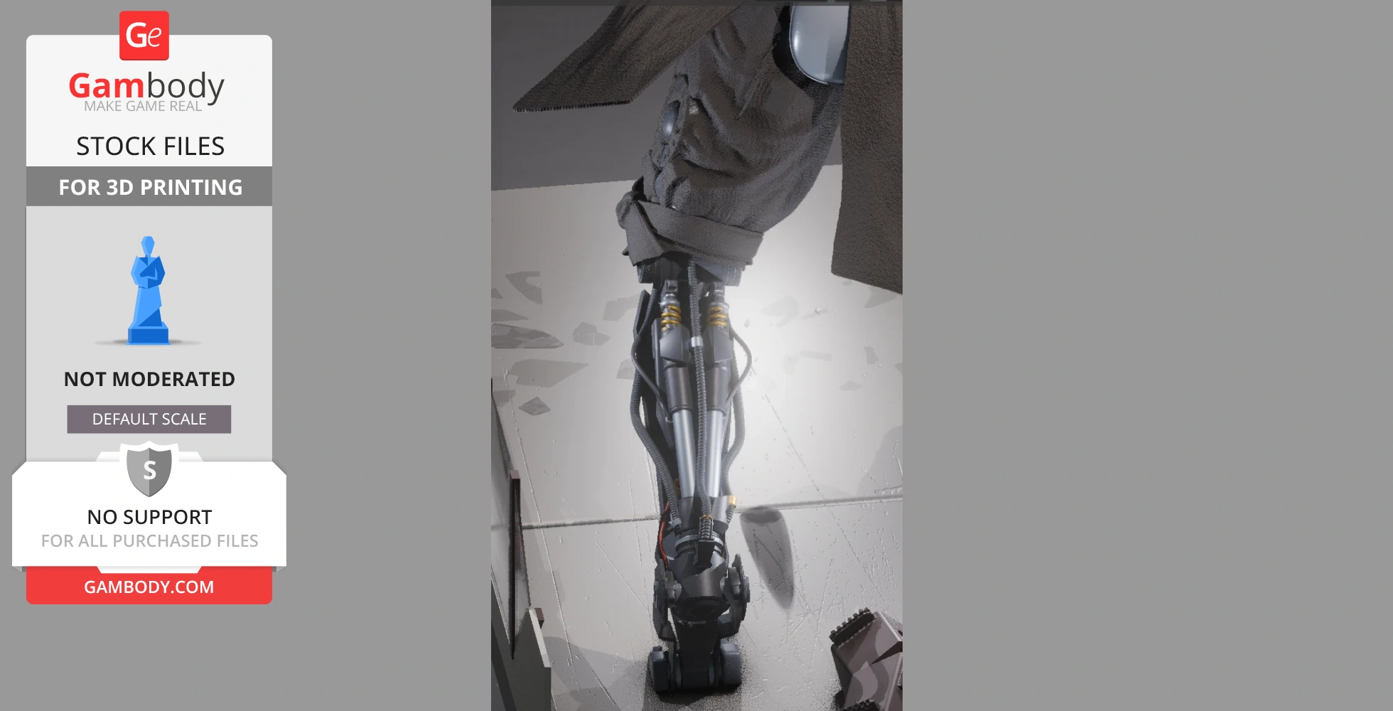A detailed 3D model of a cybernetic leg, draped in fabric, suitable for 3D printing.