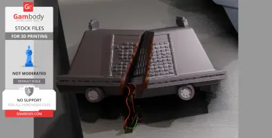 A severed gray robot body with exposed wiring, featuring a rectangular, panel-like design and wheels.