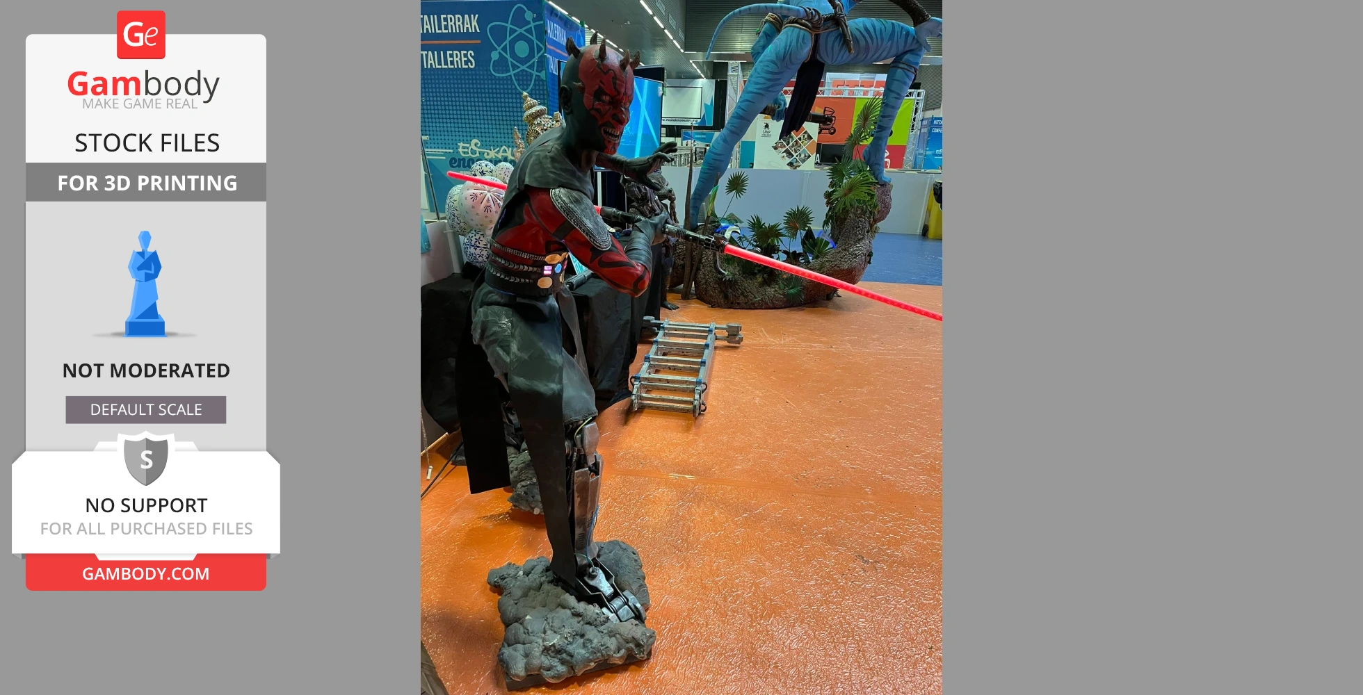 A life-sized statue of a red and black character wielding a red double-bladed lightsaber.