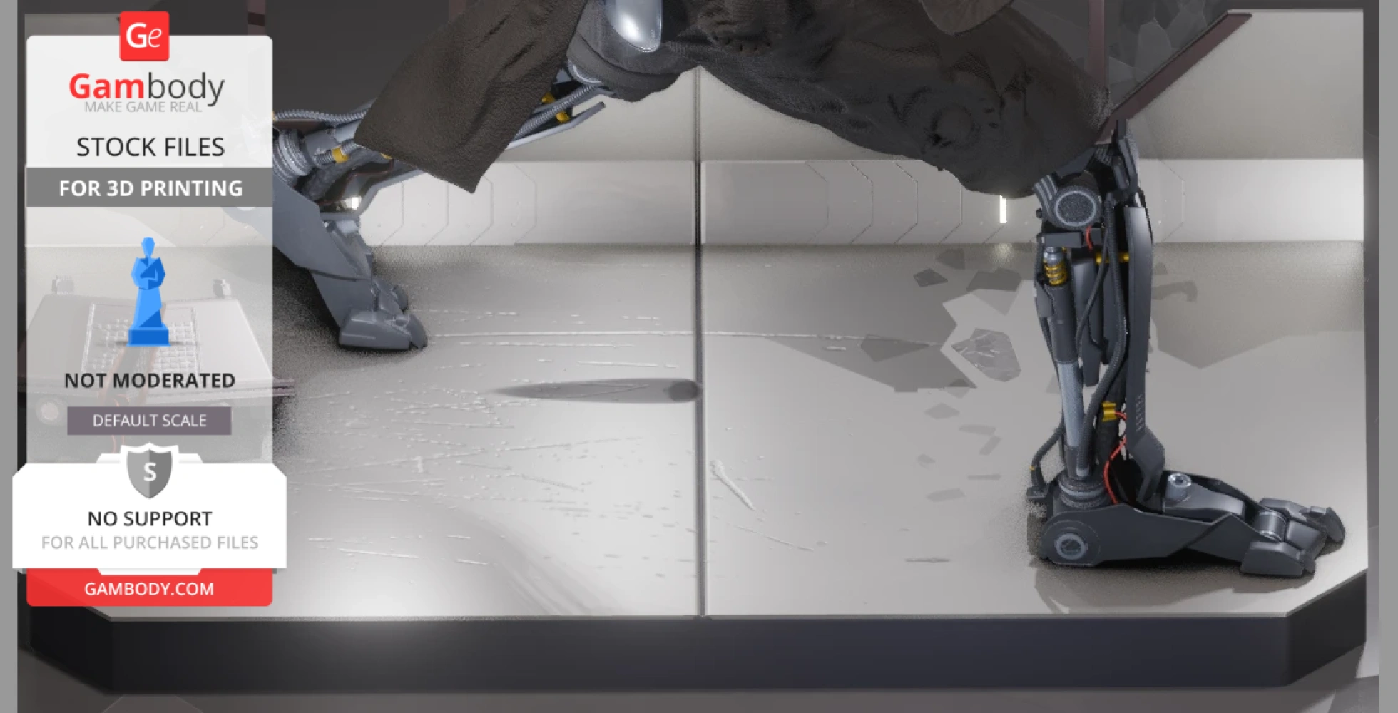 Robotic legs with mechanical details on a textured base, part of a 3D printed model.