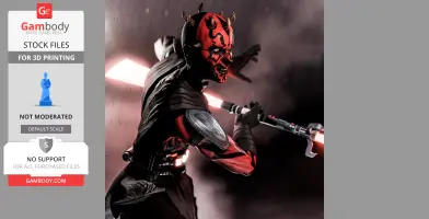 A 3D model of a character with red and black facial markings, holding a double-bladed lightsaber in action pose.