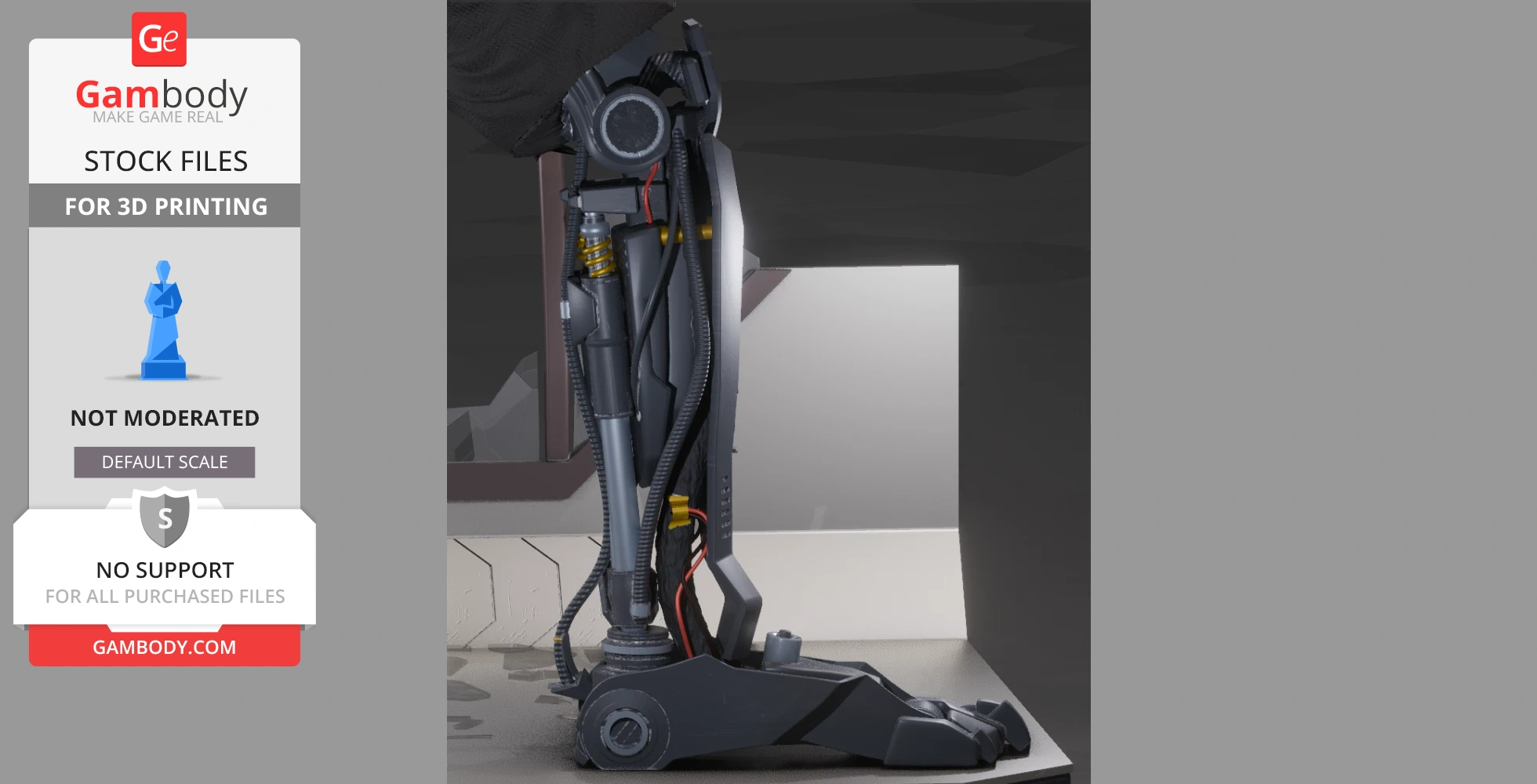 A detailed 3D model of a robotic leg with cables, gears, and mechanical parts.