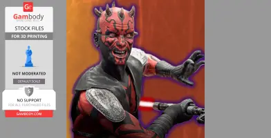 A 3D model of a character with red and black tattoos, horns, and holding a double-bladed weapon.