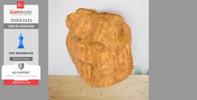 3D printed bear head relief model with detailed fur texture, resembling carved wood.