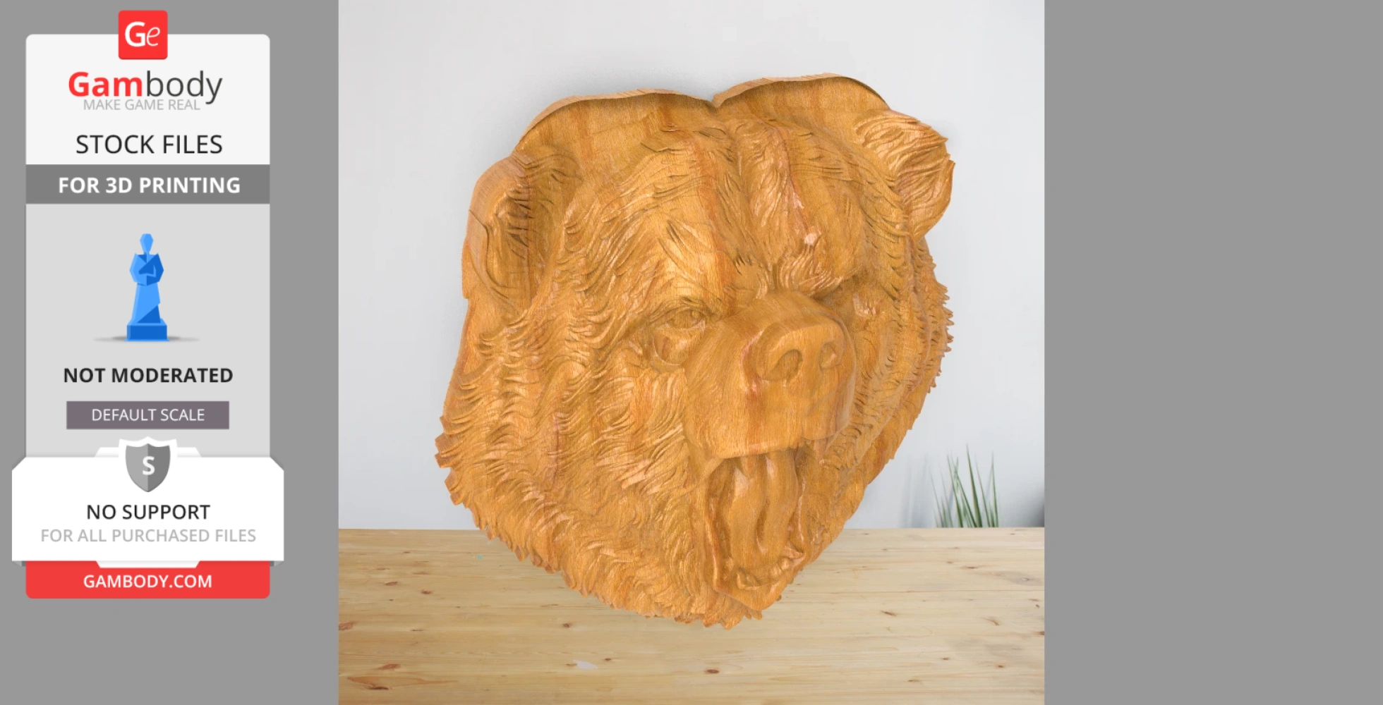 Wooden bear head relief for 3D printing, detailed texture and lifelike expression.