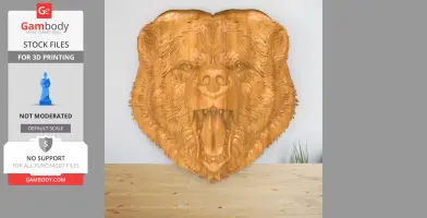 Wooden bear head relief carving with open mouth, ideal for 3D printing display.
