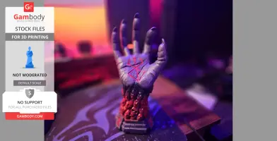 A detailed model of an outstretched hand with a red symbol, on a base of sculpted faces, designed for 3D printing.