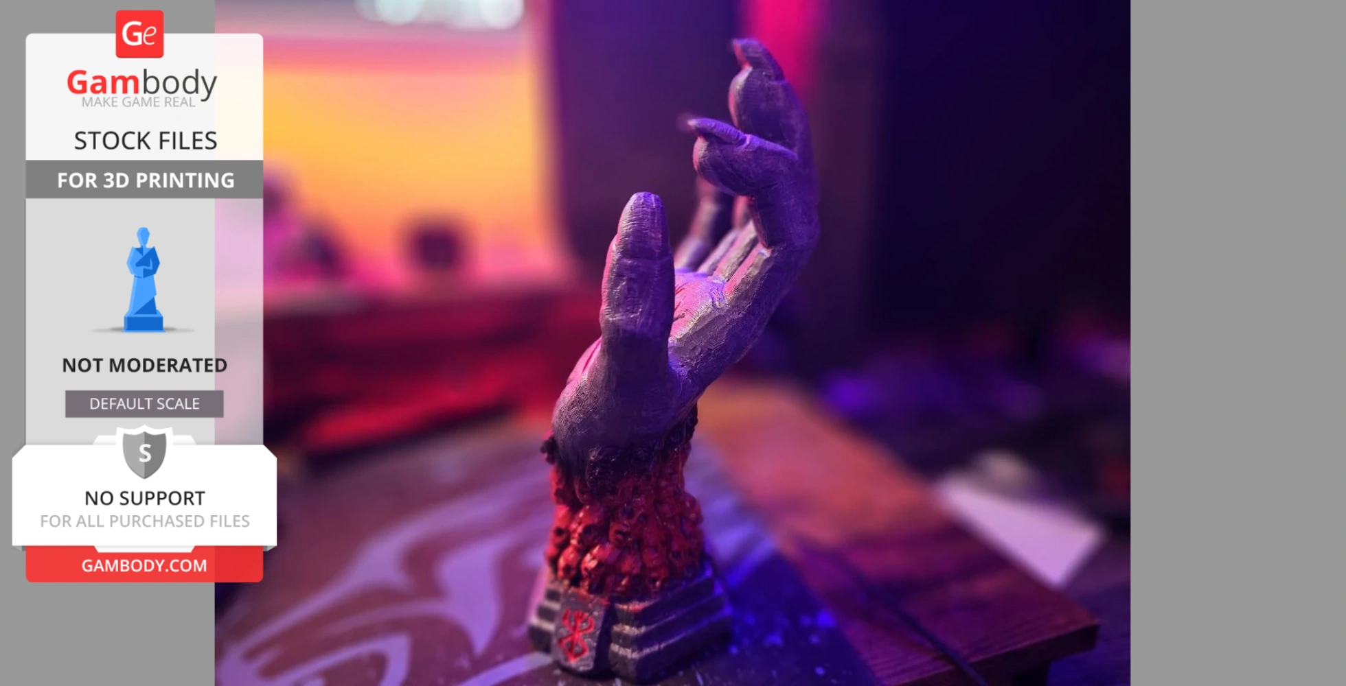A detailed 3D-printed model of a hand with a textured, organic base, inspired by Berserk fan art.