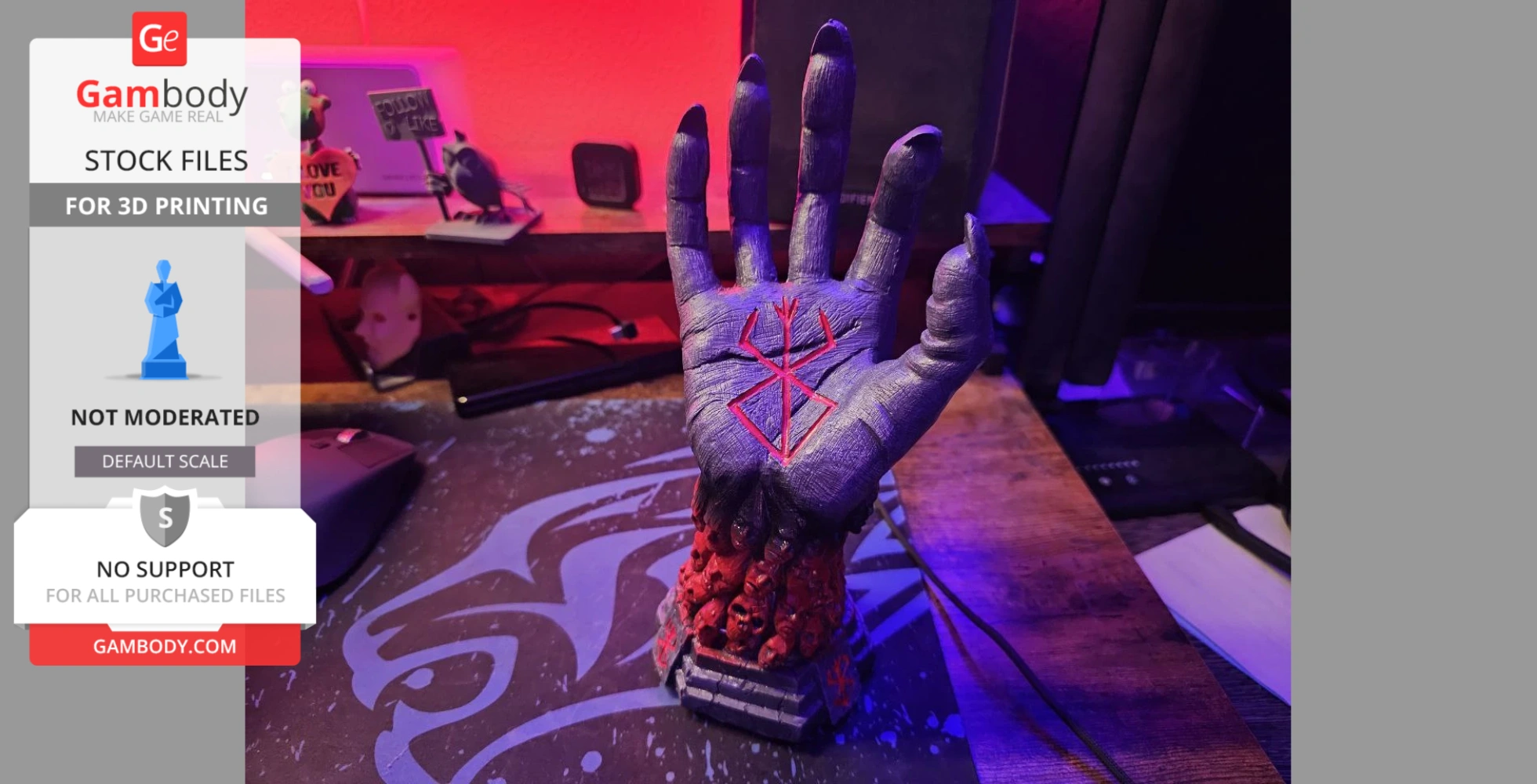 A detailed sculpted hand with red markings and a base of skulls for 3D printing.