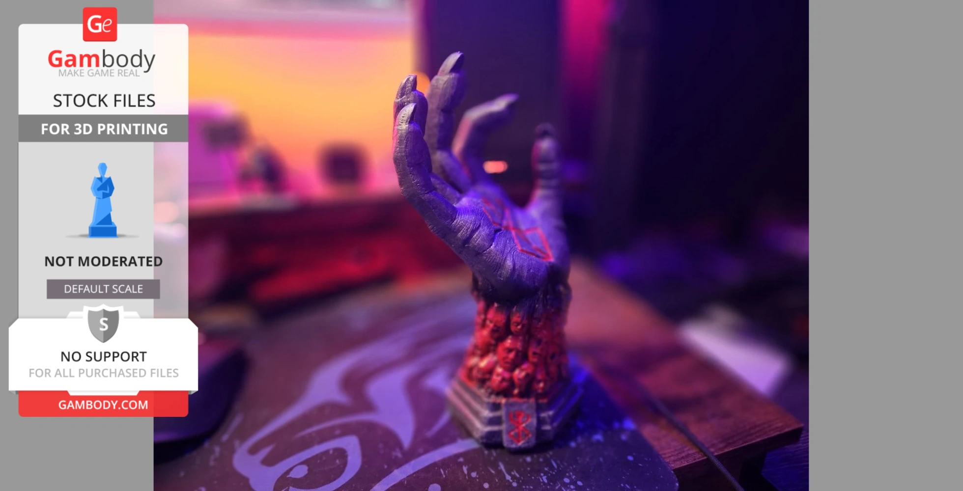 A detailed 3D-printed hand sculpture with intricate patterns and small faces at the base.